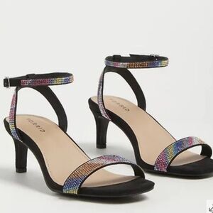 Torrid Black Suede Lexini Rainbow Rhinestone Kitten Heel Strappy Sandals